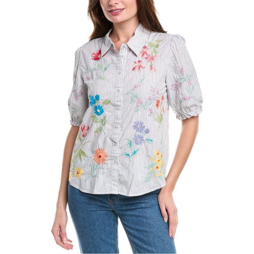 JOHNNY WAS Evangeline Smocked Lisbon Button Down Shirt Size Medium
